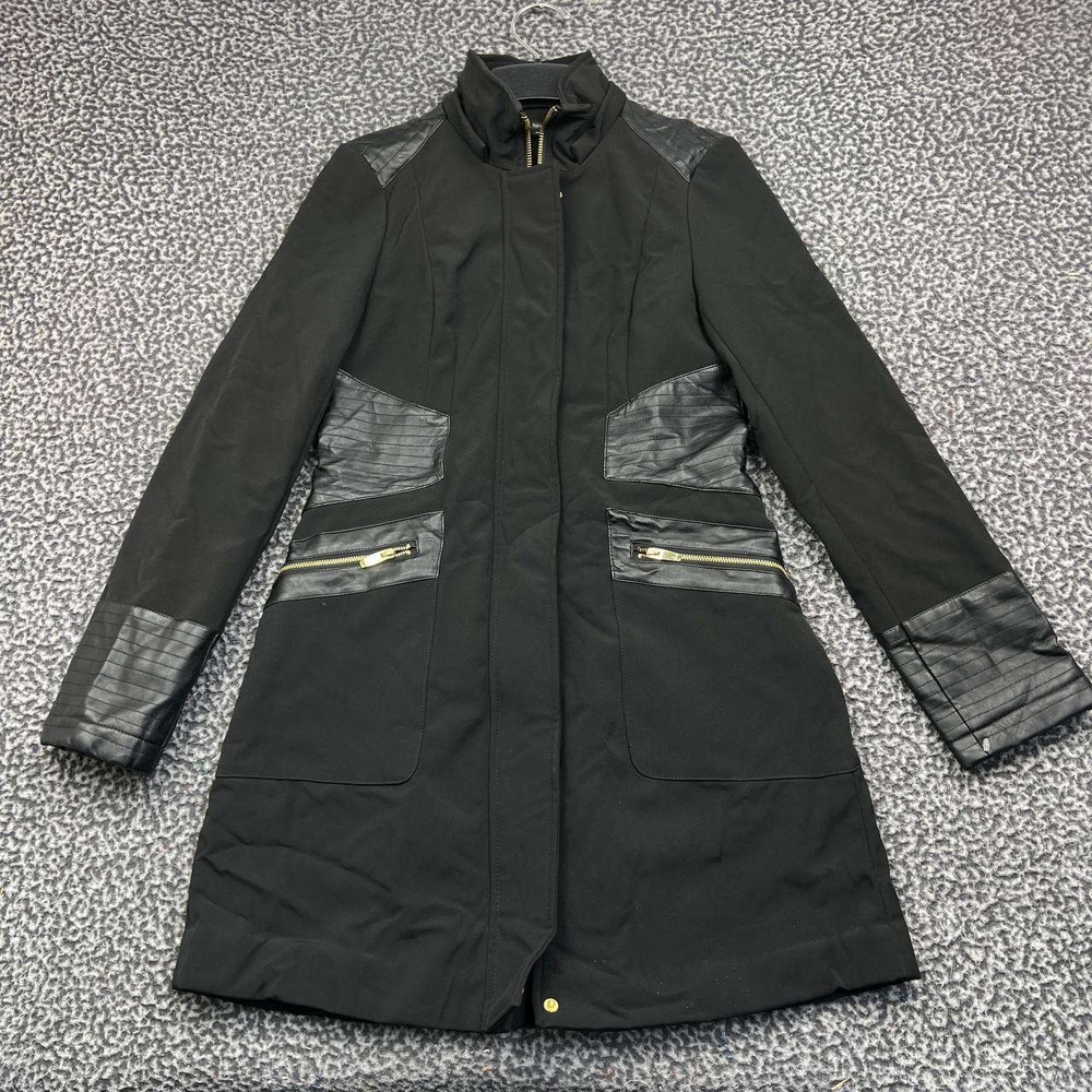 Via Spiga Trench Coat Women XS Black Faux Leather Trim Faux Fur Lined Softshell
